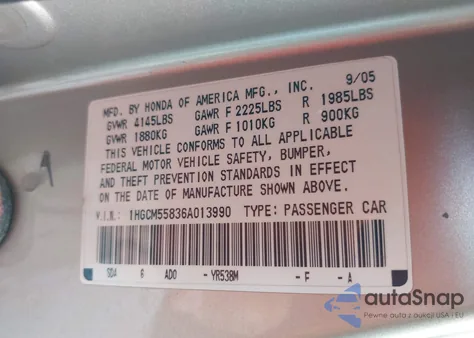 2006 Honda Accord 2.4 Ex z USA, uszkodzony, nr VIN 1HGCM55836A013990